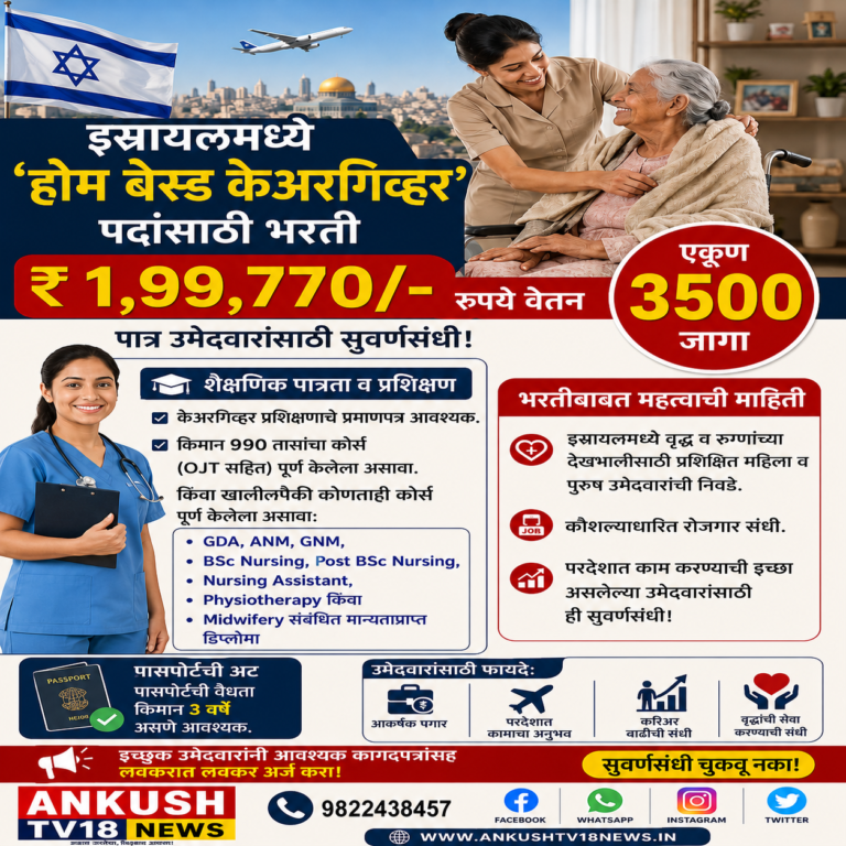 इस्रायलमध्ये  ‘होम बेस्ड केअरगिव्हर’ पदांसाठी  भरती -१ लाख ९९ हजार ७७० रुपये वेतन .